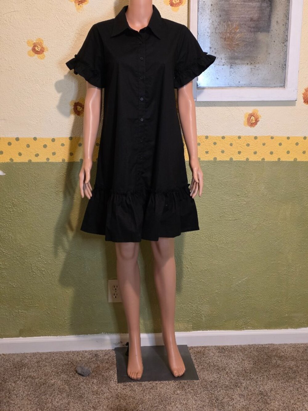 Meadow Rhodes Ruffled Shirt Mini Dress Black Small NWT Ruffle Button Front - Picture 2 of 11